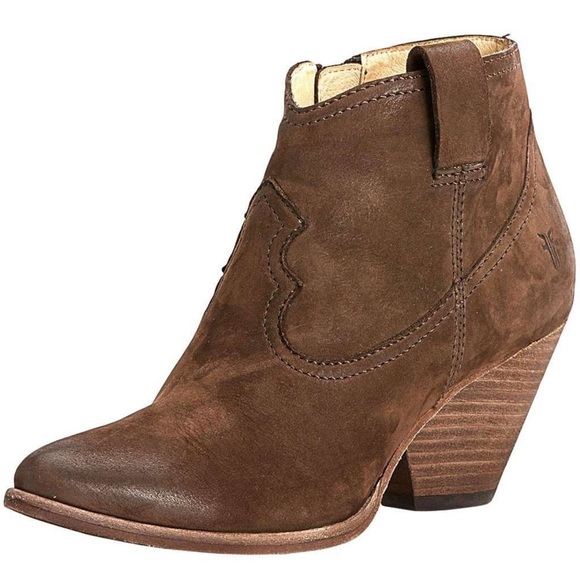 Frye Reina Dark Brown Suede Heeled Ankle Short Cowboy Boot Booties Size 7.5 - Picture 1 of 8